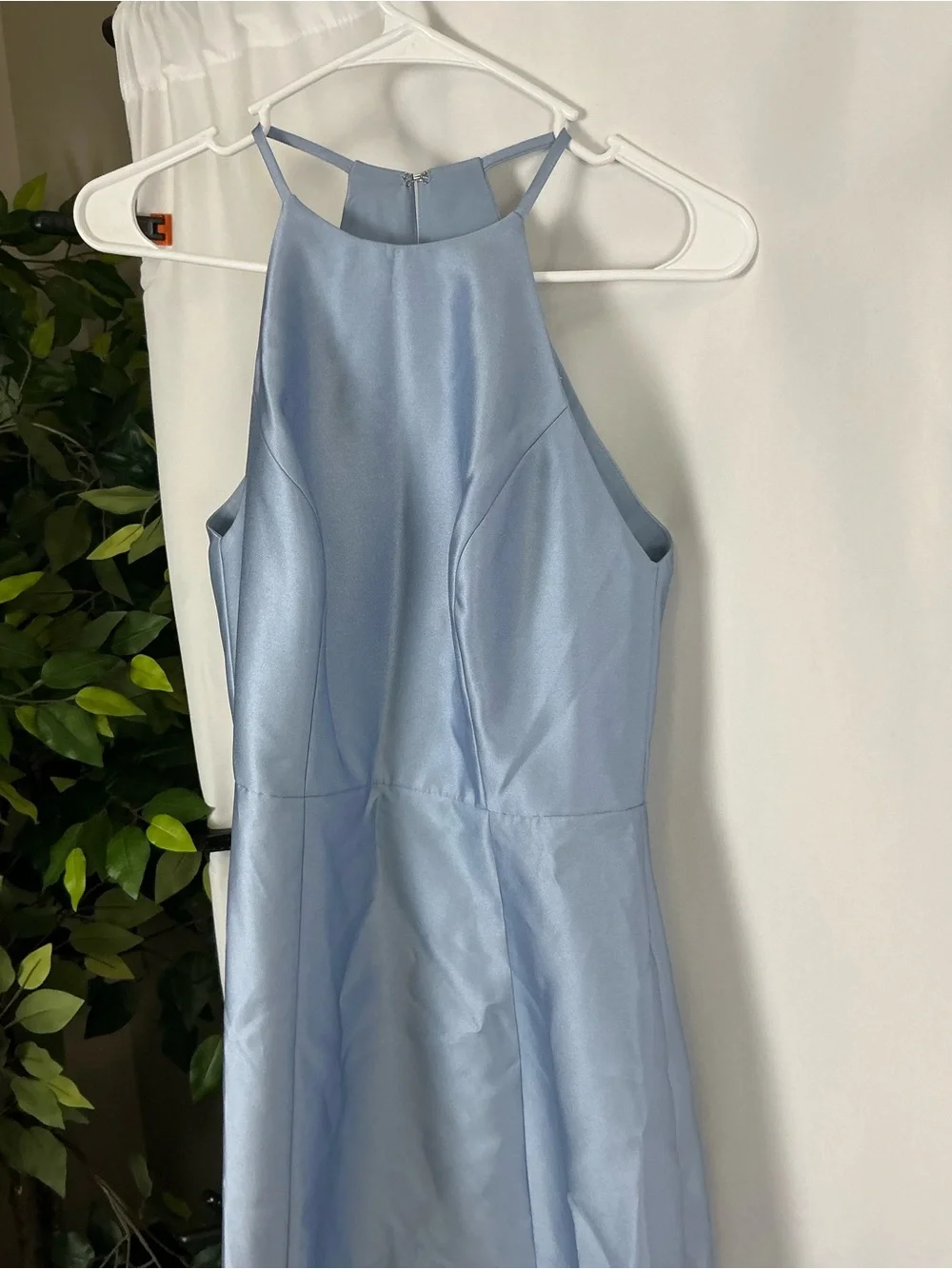 ALFRED SUNG Cloudy Blue Jewel Neck Halter Satin Maxi Dress - Picture 3 of 7